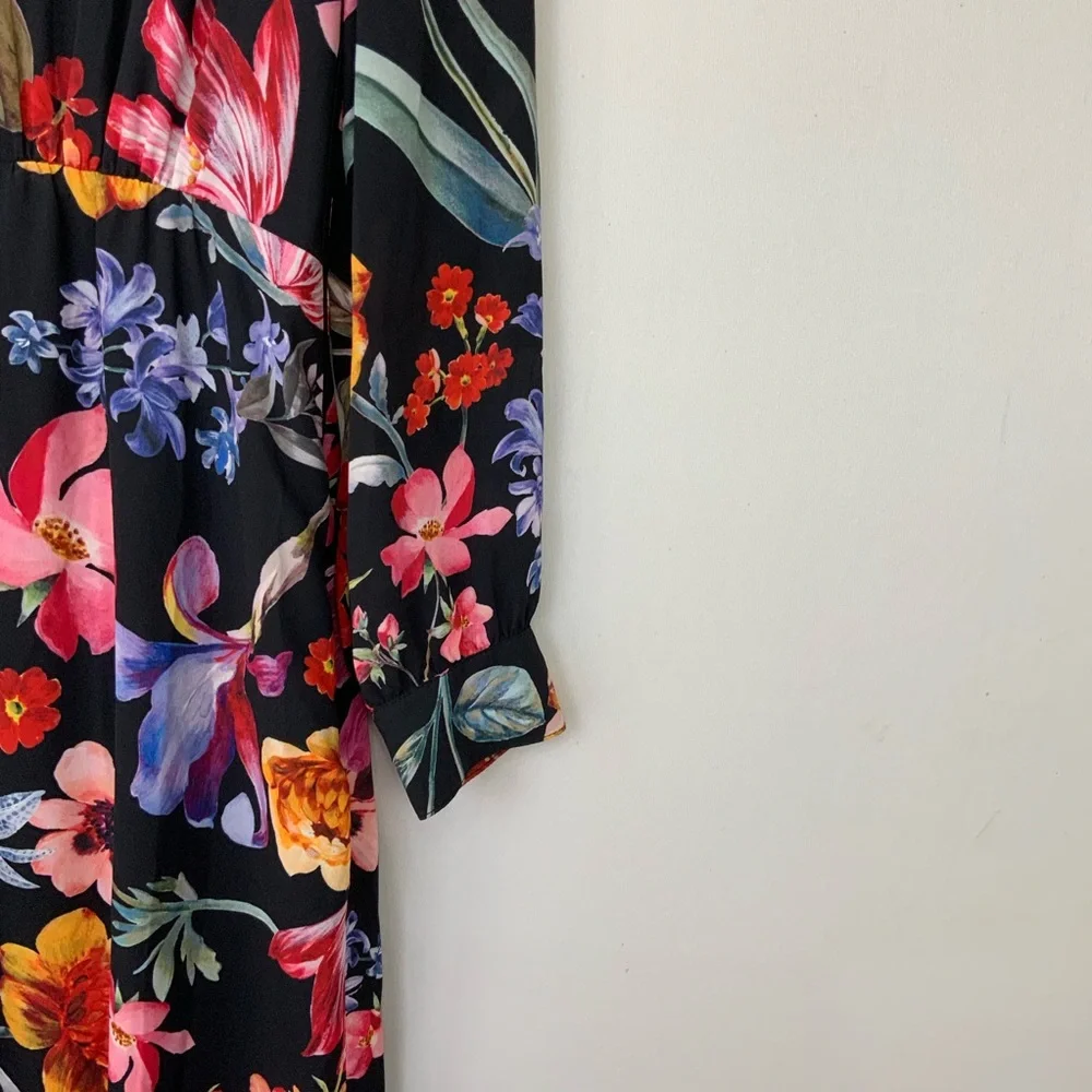 J. Crew Sz‎ 0 Midnight Dutch Floral Tie-Neck Long Sleeve Midi Dress Feminine